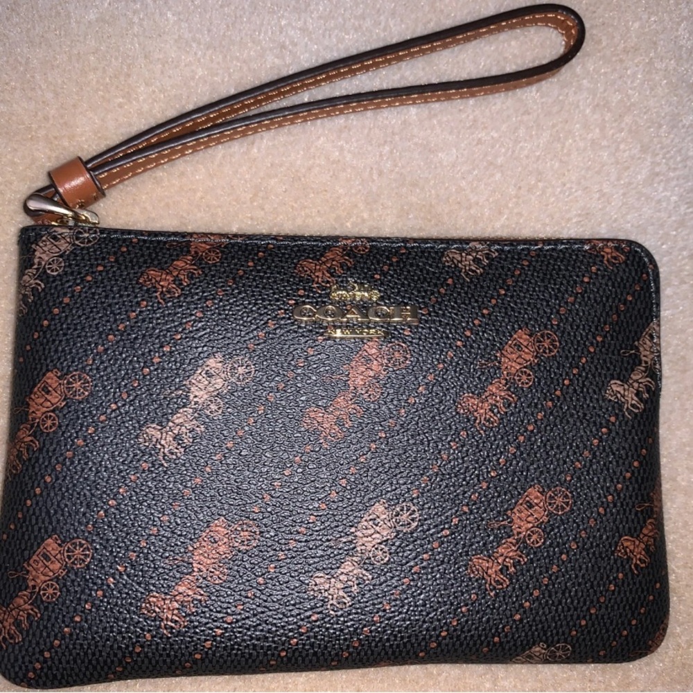 Coach Brown and Tan Wristlet with Horse Carriage Design NWT